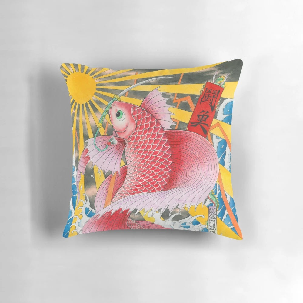 Decorative pillow featuring a vibrant ukiyo-e style betta fish design