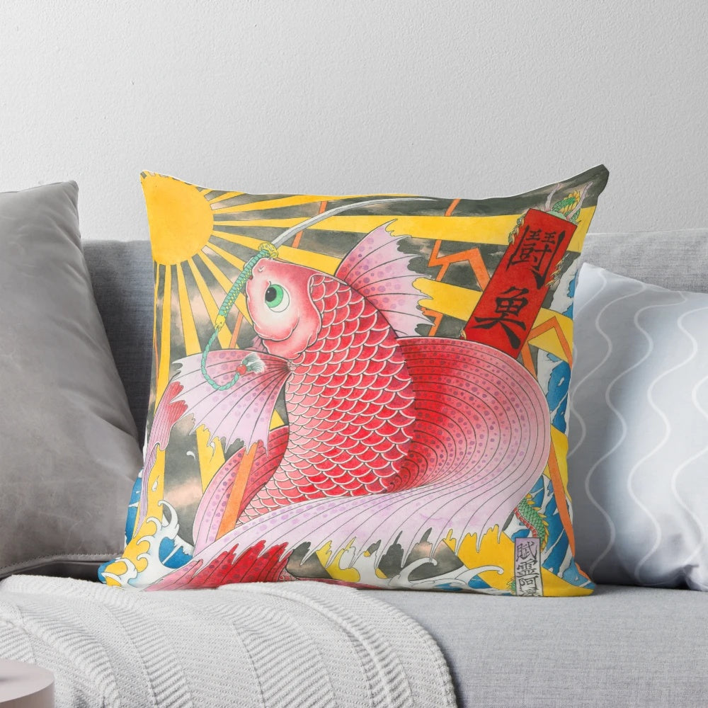 Decorative pillow featuring a vibrant ukiyo-e style betta fish design