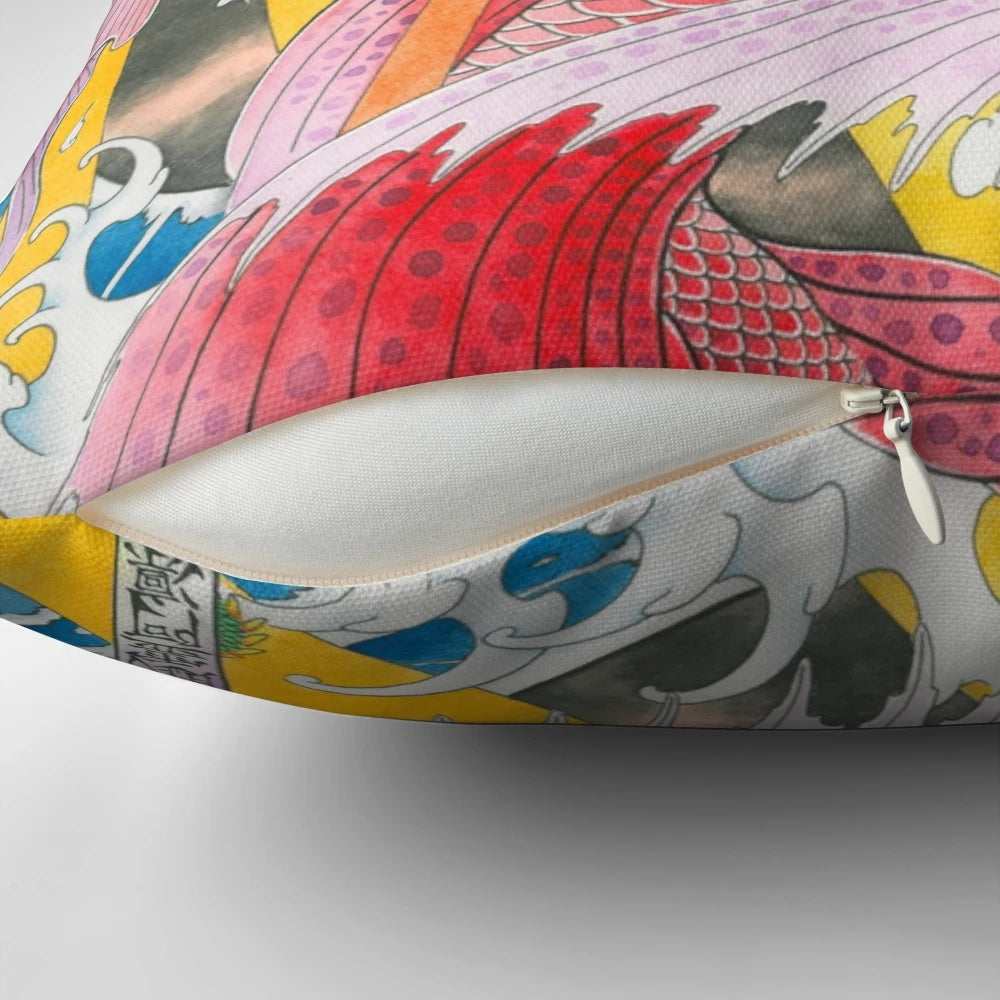 Decorative pillow featuring a vibrant ukiyo-e style betta fish design