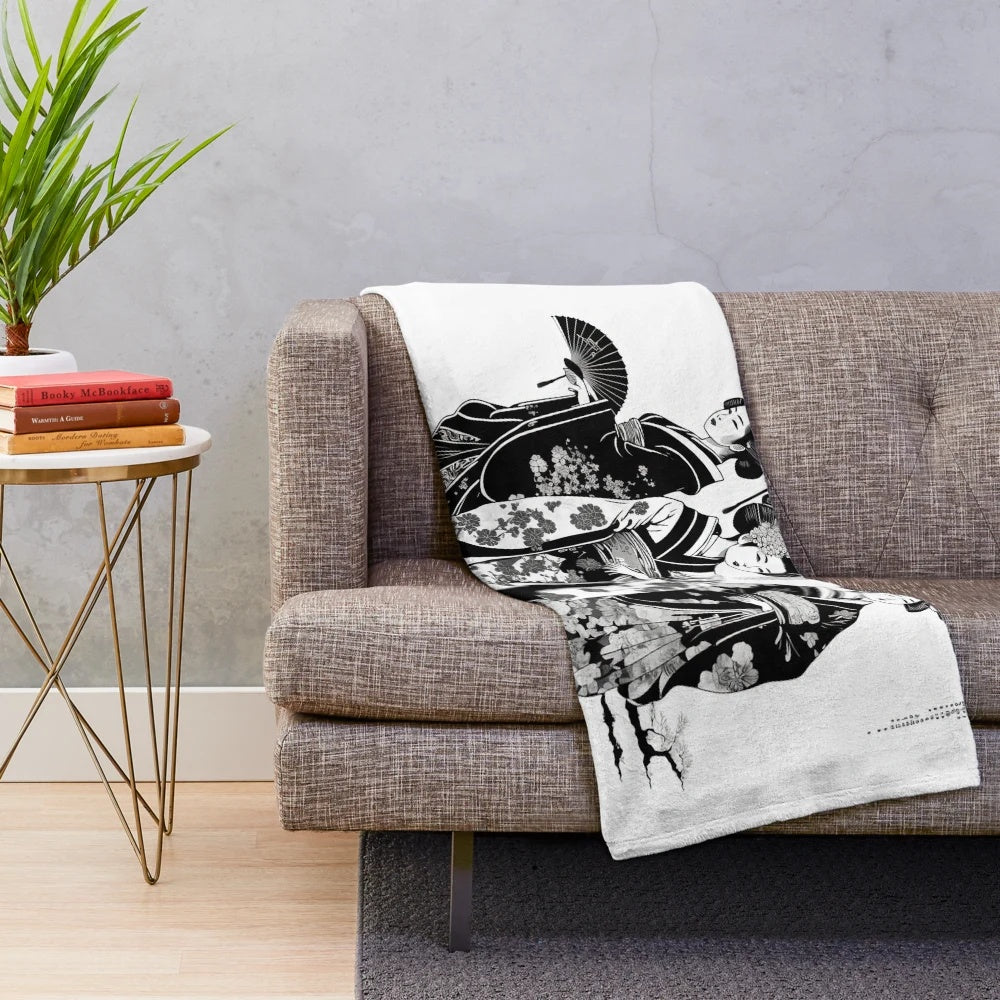 Ukiyo-e inspired black and white plush blanket featuring a beautiful geisha portrait