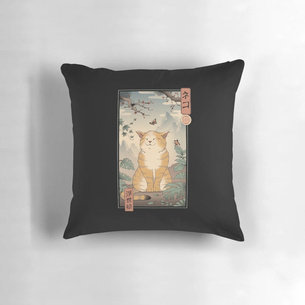 A charming Edo-style cat pillow with a traditional Japanese woodblock print design.