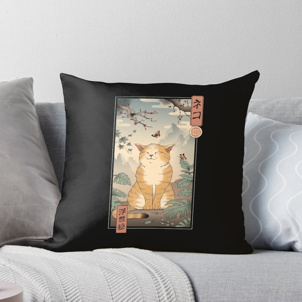 A charming Edo-style cat pillow with a traditional Japanese woodblock print design.