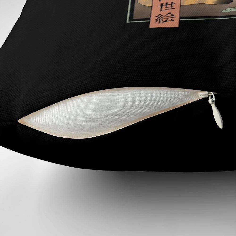 A charming Edo-style cat pillow with a traditional Japanese woodblock print design.