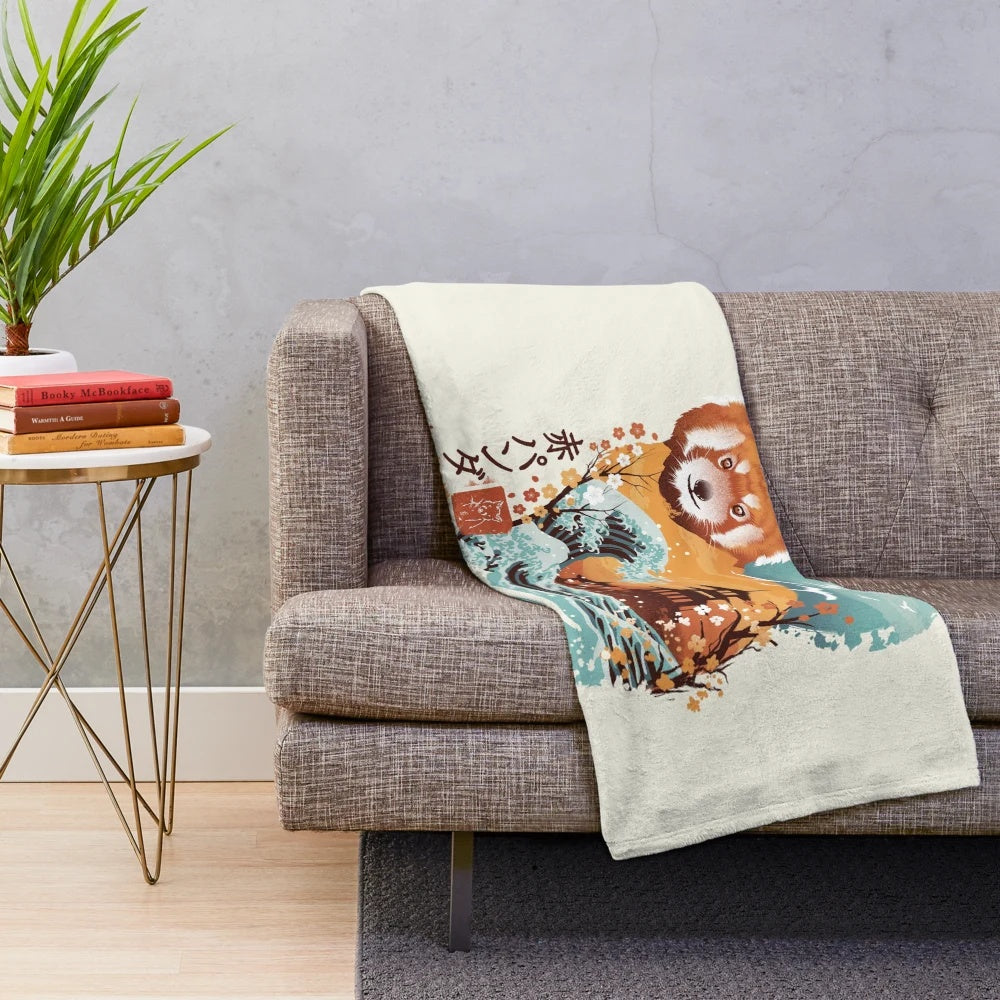Ukiyo-e style red panda plush blanket with vintage Japanese wave design