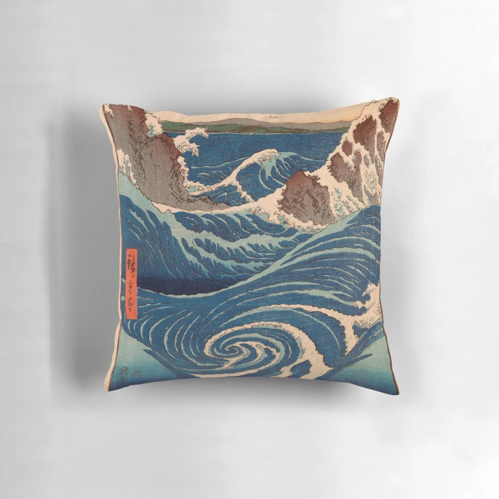 Ukiyo-E inspired decorative throw pillow featuring Utagawa Hiroshige's famous waves design