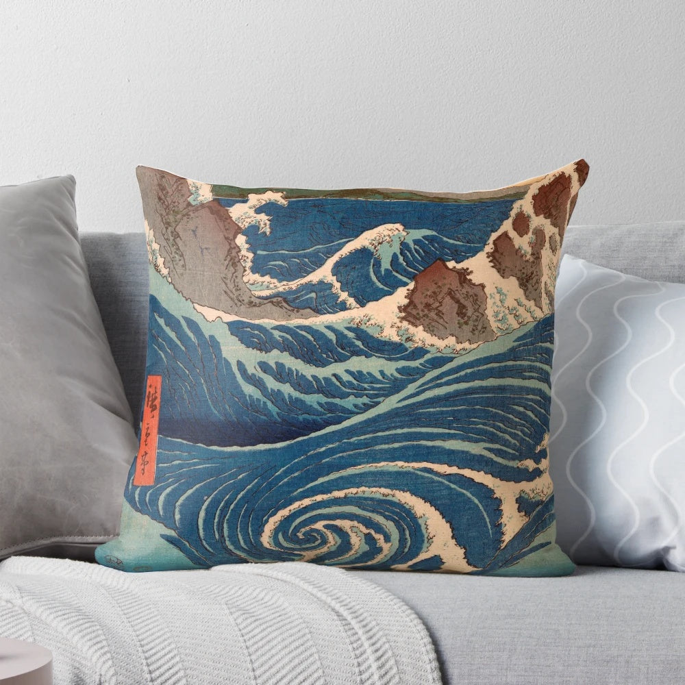 Ukiyo-E inspired decorative throw pillow featuring Utagawa Hiroshige's famous waves design
