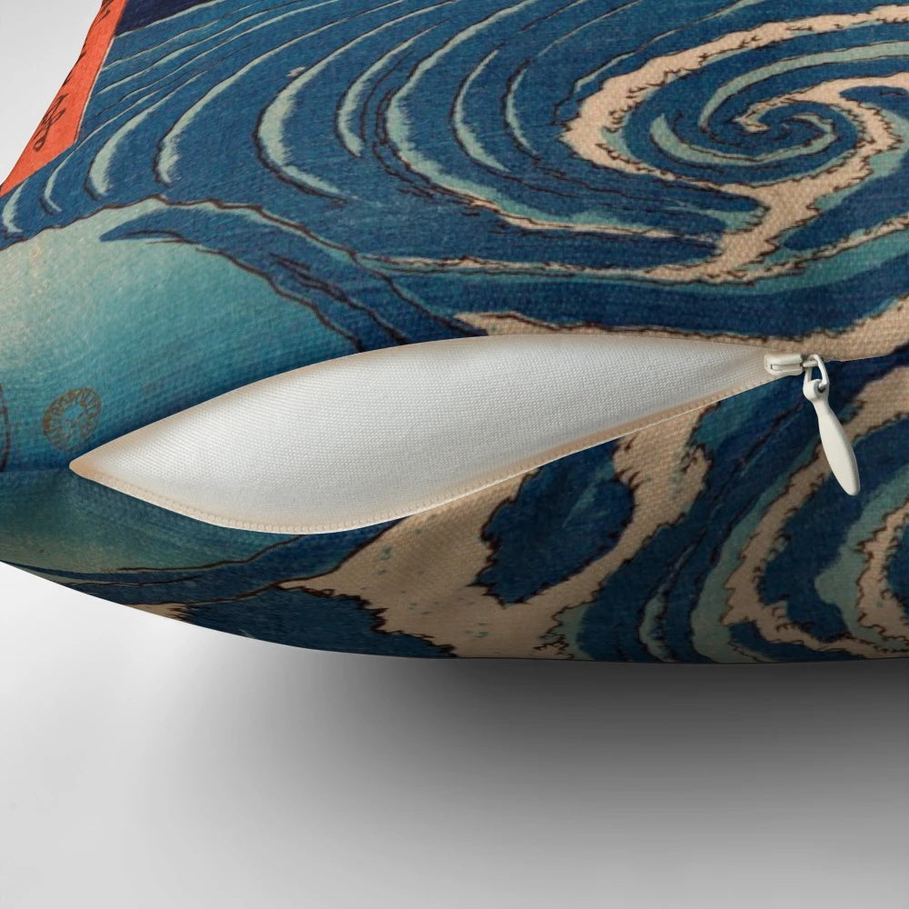 Ukiyo-E inspired decorative throw pillow featuring Utagawa Hiroshige's famous waves design
