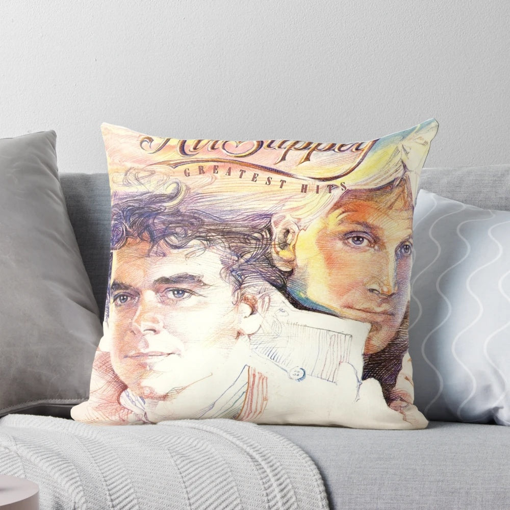 Air Supply Greatest Hits Pillow featuring the ultimate collection of the band's iconic album covers and timeless songs like "Lost in Love" and "Now and Forever".