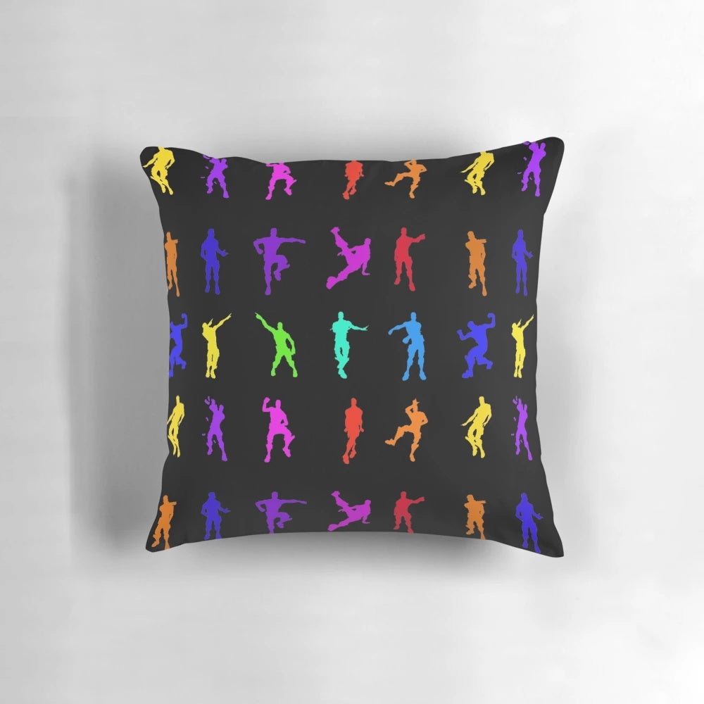 Fortnite-themed pillow with silhouettes of battle royale dance moves in a rainbow design