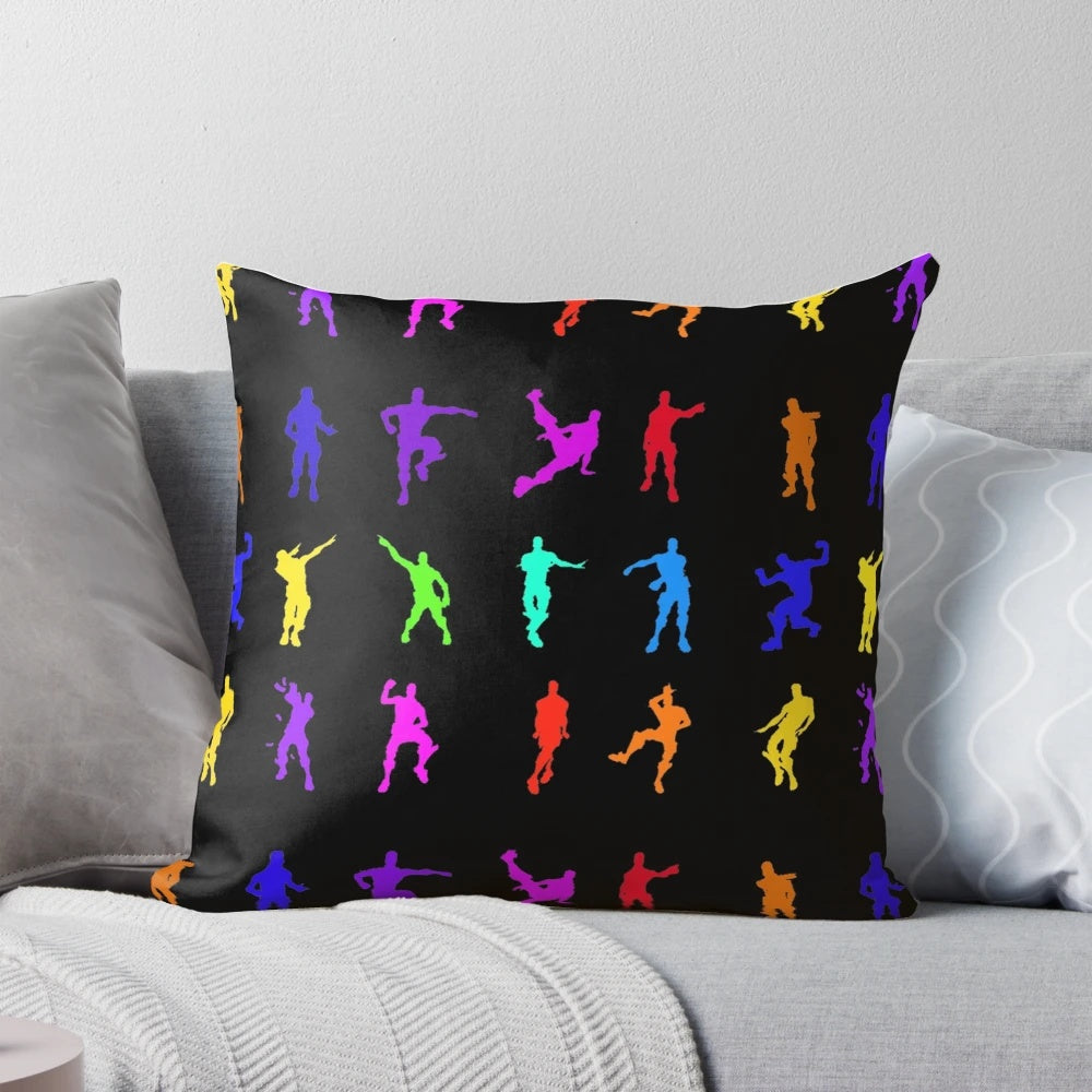 Fortnite-themed pillow with silhouettes of battle royale dance moves in a rainbow design