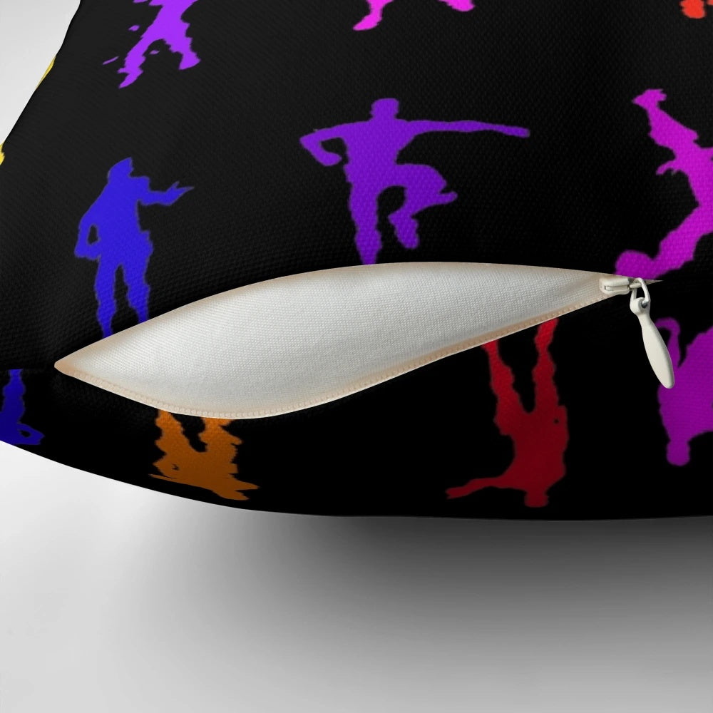 Fortnite-themed pillow with silhouettes of battle royale dance moves in a rainbow design