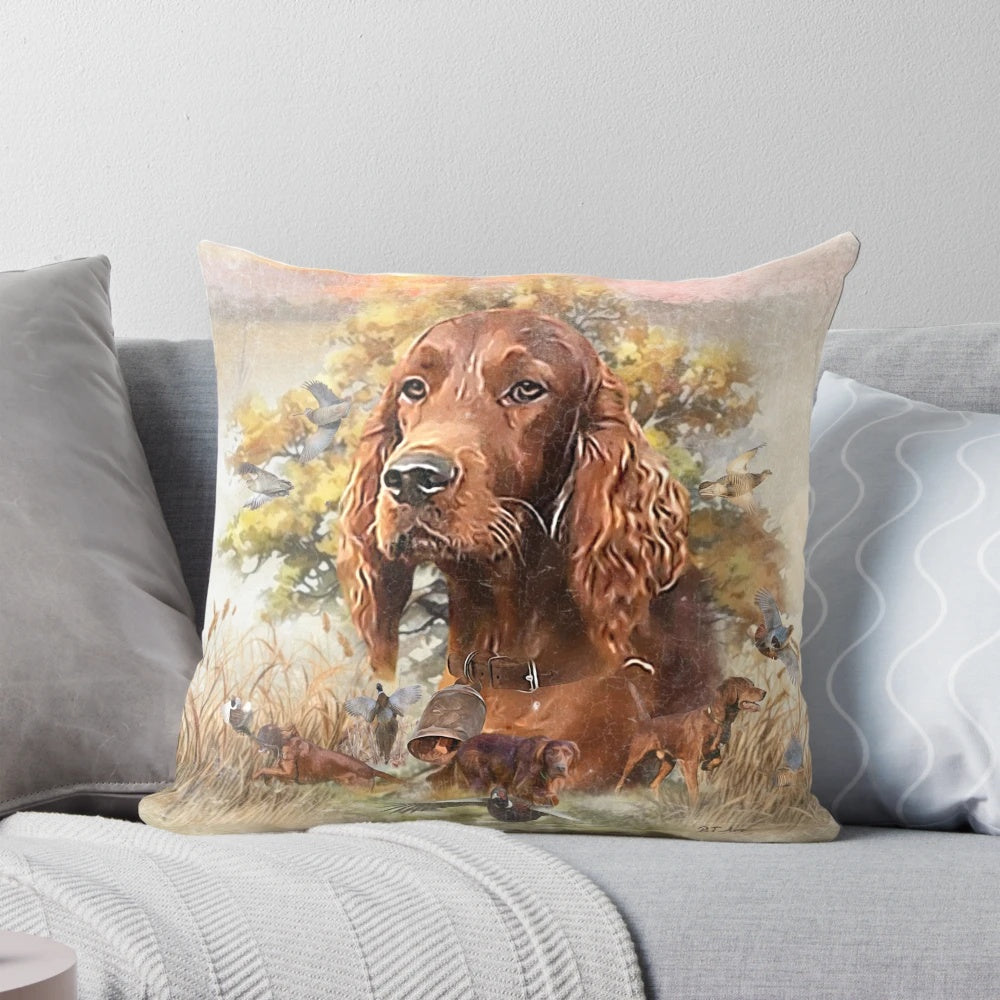 Soft, comfortable pillow with an illustration of an Irish Setter, the ultimate upland bird hunting dog.
