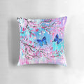 Vibrant blue Ulysses butterflies fluttering amidst delicate Japanese cherry blossoms on a soft pillow cover.