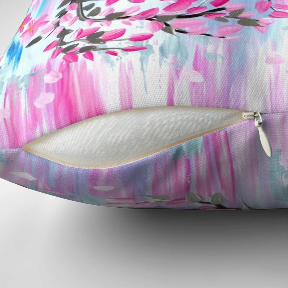 Vibrant blue Ulysses butterflies fluttering amidst delicate Japanese cherry blossoms on a soft pillow cover.