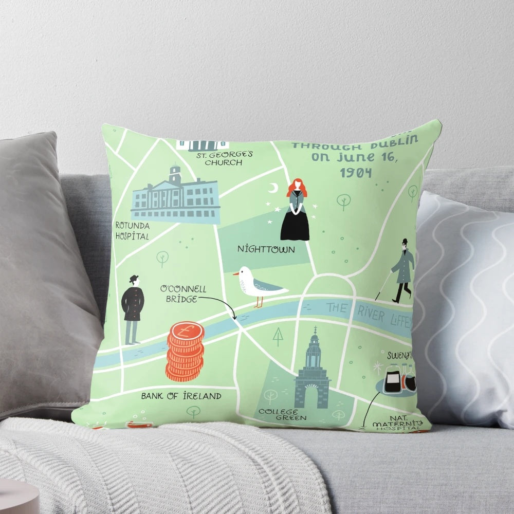 Ulysses literary map pillow featuring an illustrated map of Dublin, Ireland, designed to celebrate the iconic novel by James Joyce.