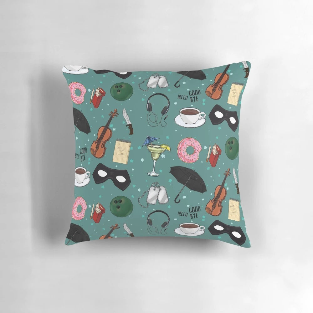 Colorful collage of The Umbrella Academy characters on a green decorative pillow