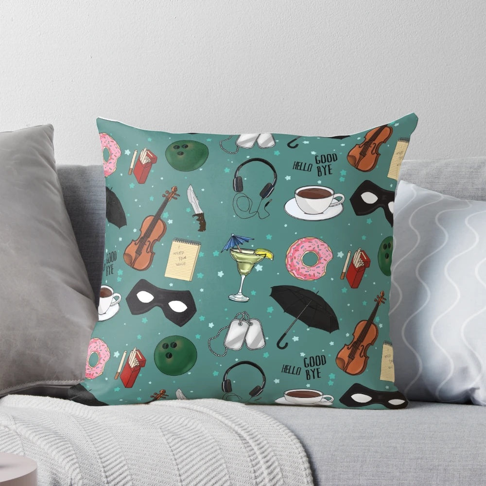 Colorful collage of The Umbrella Academy characters on a green decorative pillow