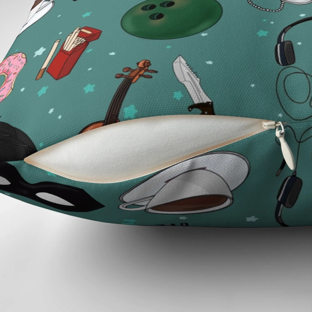 Colorful collage of The Umbrella Academy characters on a green decorative pillow