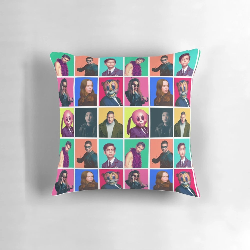 Umbrella Academy Pillow featuring a collage of the main characters from the Netflix series