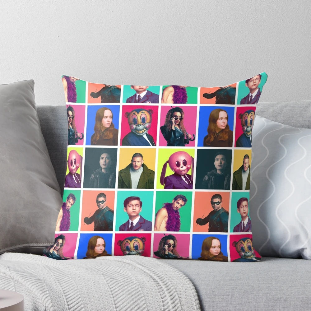 Umbrella Academy Pillow featuring a collage of the main characters from the Netflix series
