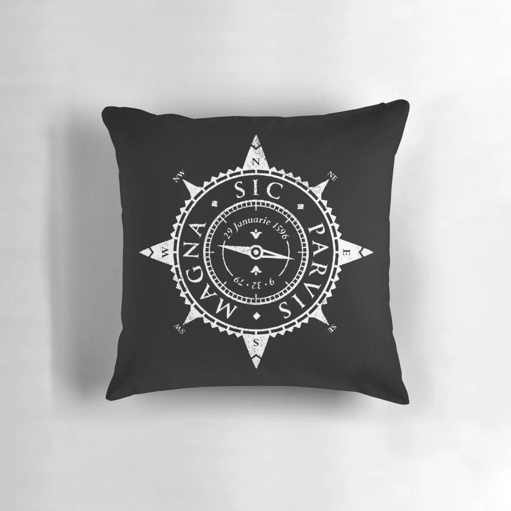 Uncharted Adventure Pillow with a Compass Design and Latin Inscription