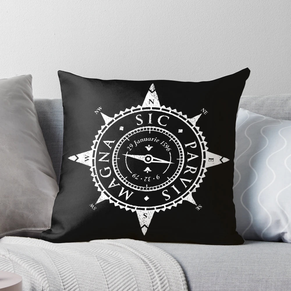 Uncharted Adventure Pillow with a Compass Design and Latin Inscription