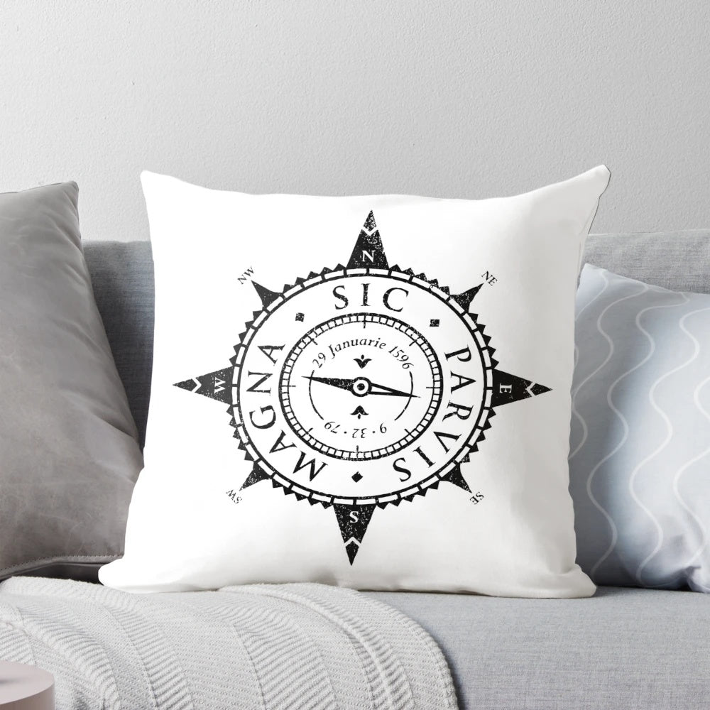 Black Uncharted Adventure Pillow featuring a compass design and Latin motto