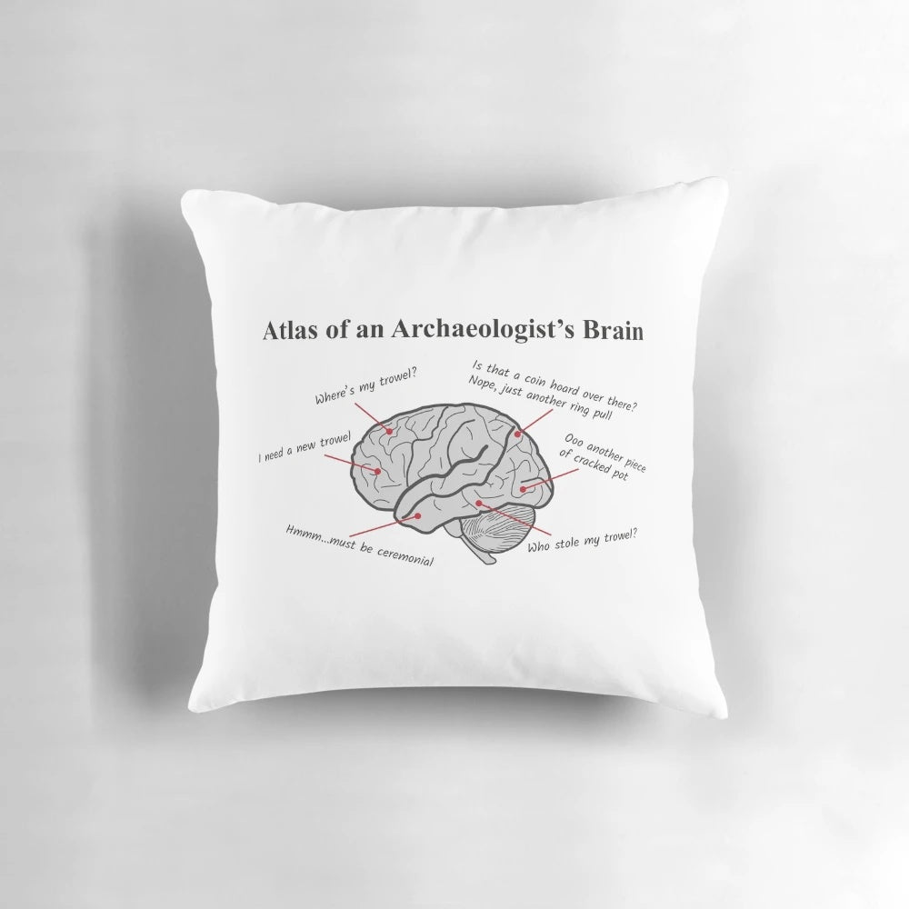 An Atlas of an Archaeologist's Brain pillow showcasing archaeological artifacts and tools.