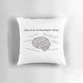 An Atlas of an Archaeologist's Brain pillow showcasing archaeological artifacts and tools.