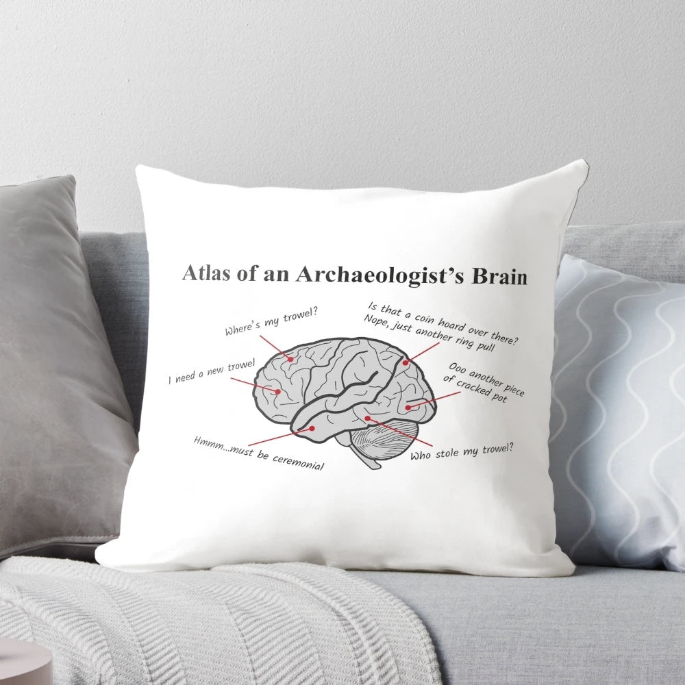 An Atlas of an Archaeologist's Brain pillow showcasing archaeological artifacts and tools.