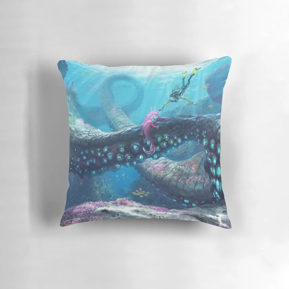 Underwater sci-fi themed pillow featuring twisty bridges and marine life