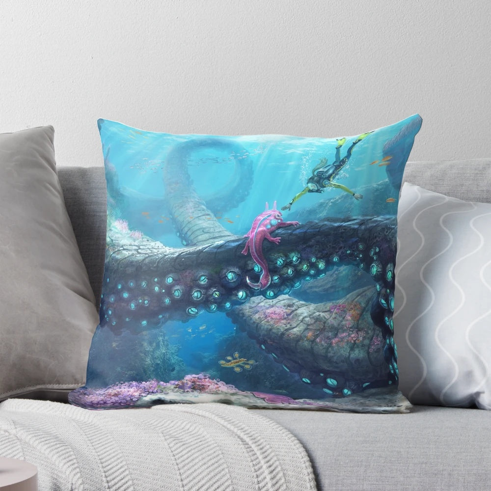 Underwater sci-fi themed pillow featuring twisty bridges and marine life