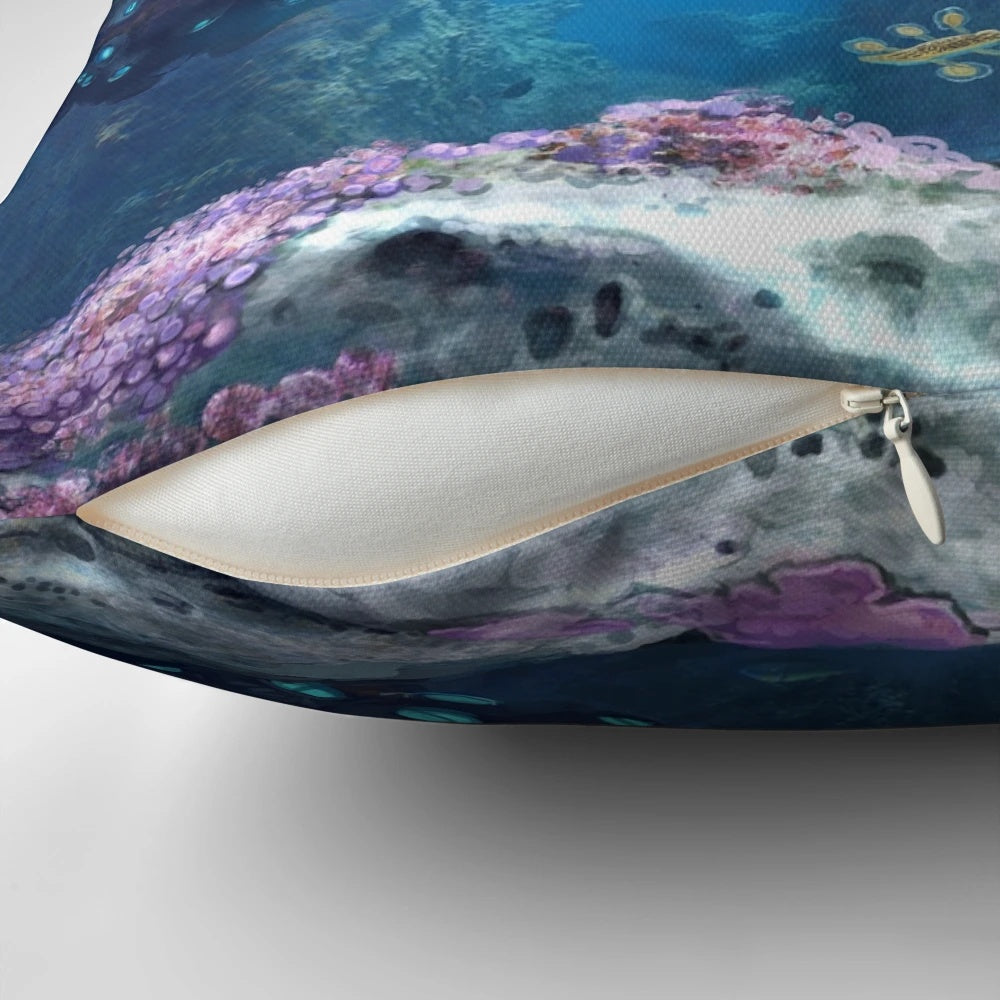 Underwater sci-fi themed pillow featuring twisty bridges and marine life