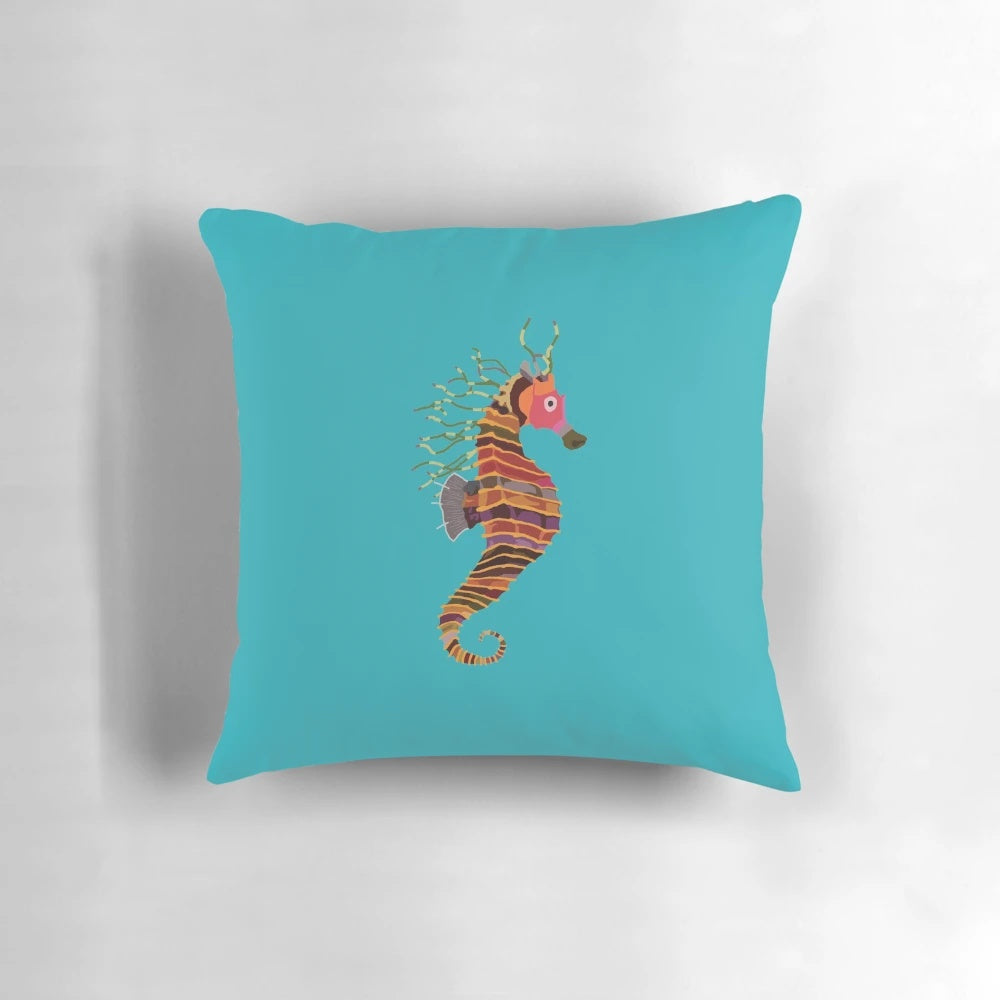 Crayon Ponyfish Pillow featuring an underwater scene with vibrant colors and whimsical characters
