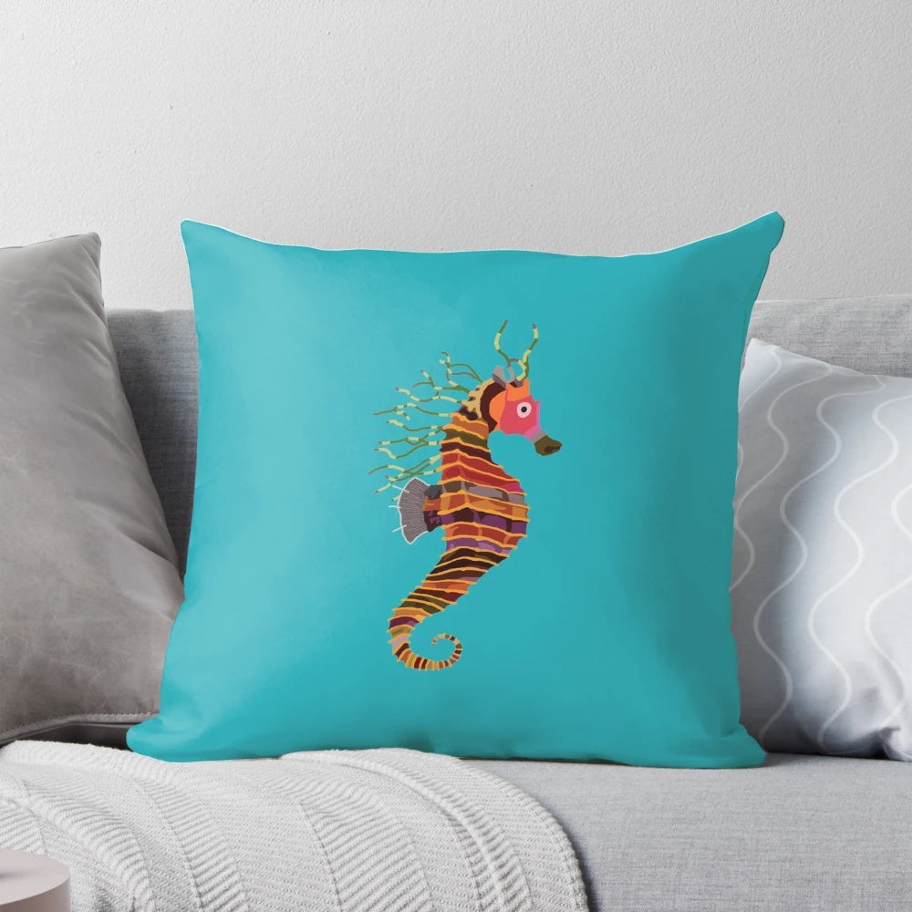 Crayon Ponyfish Pillow featuring an underwater scene with vibrant colors and whimsical characters