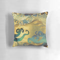 Pillow featuring an abstract underwater dream design with an octopus, sea monster, and golden elements.