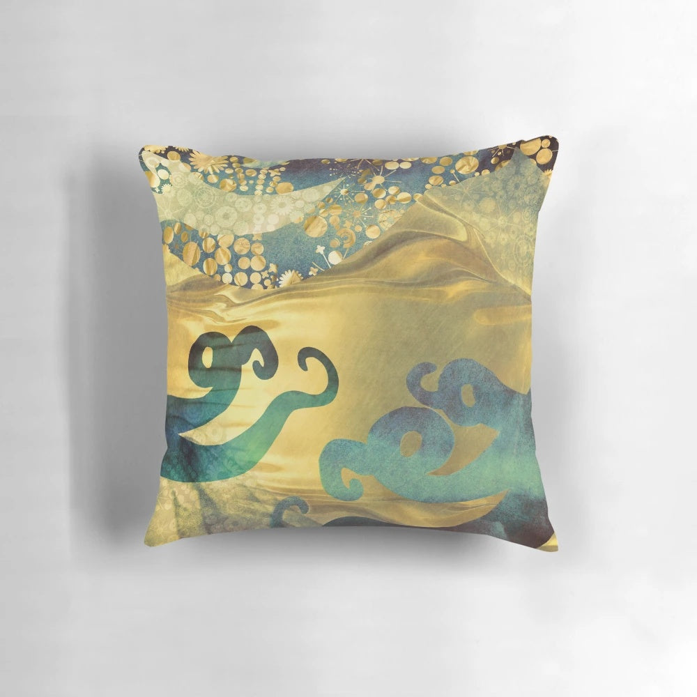 Pillow featuring an abstract underwater dream design with an octopus, sea monster, and golden elements.