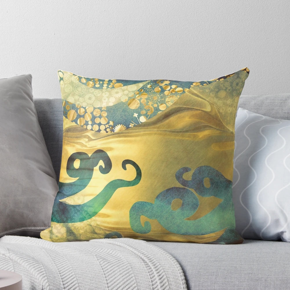 Pillow featuring an abstract underwater dream design with an octopus, sea monster, and golden elements.