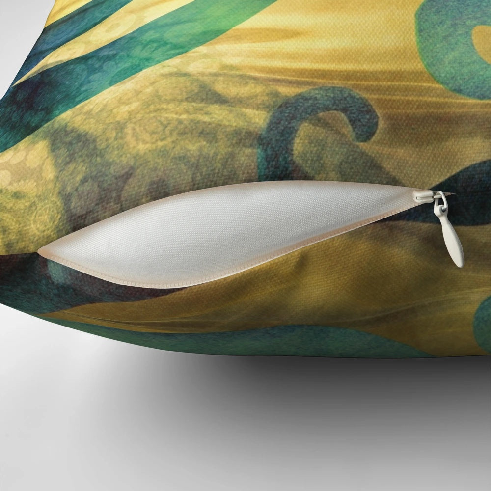 Pillow featuring an abstract underwater dream design with an octopus, sea monster, and golden elements.
