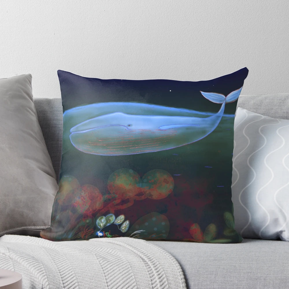 Whimsical underwater-themed bedroom pillow featuring a whale, bunny, and moon