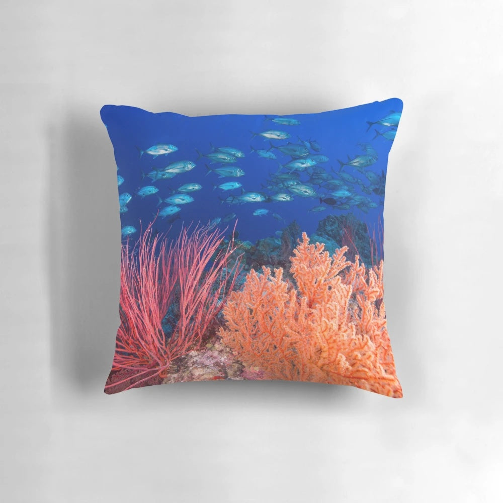 Soft corals and a school of trevally fish swimming in the Great Barrier Reef, Queensland, Australia