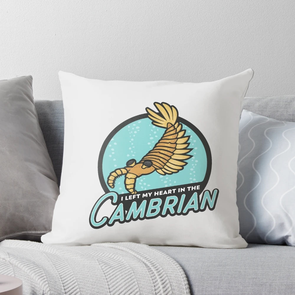A decorative pillow featuring a Cambrian-era fossil design, perfect for science and nature lovers.