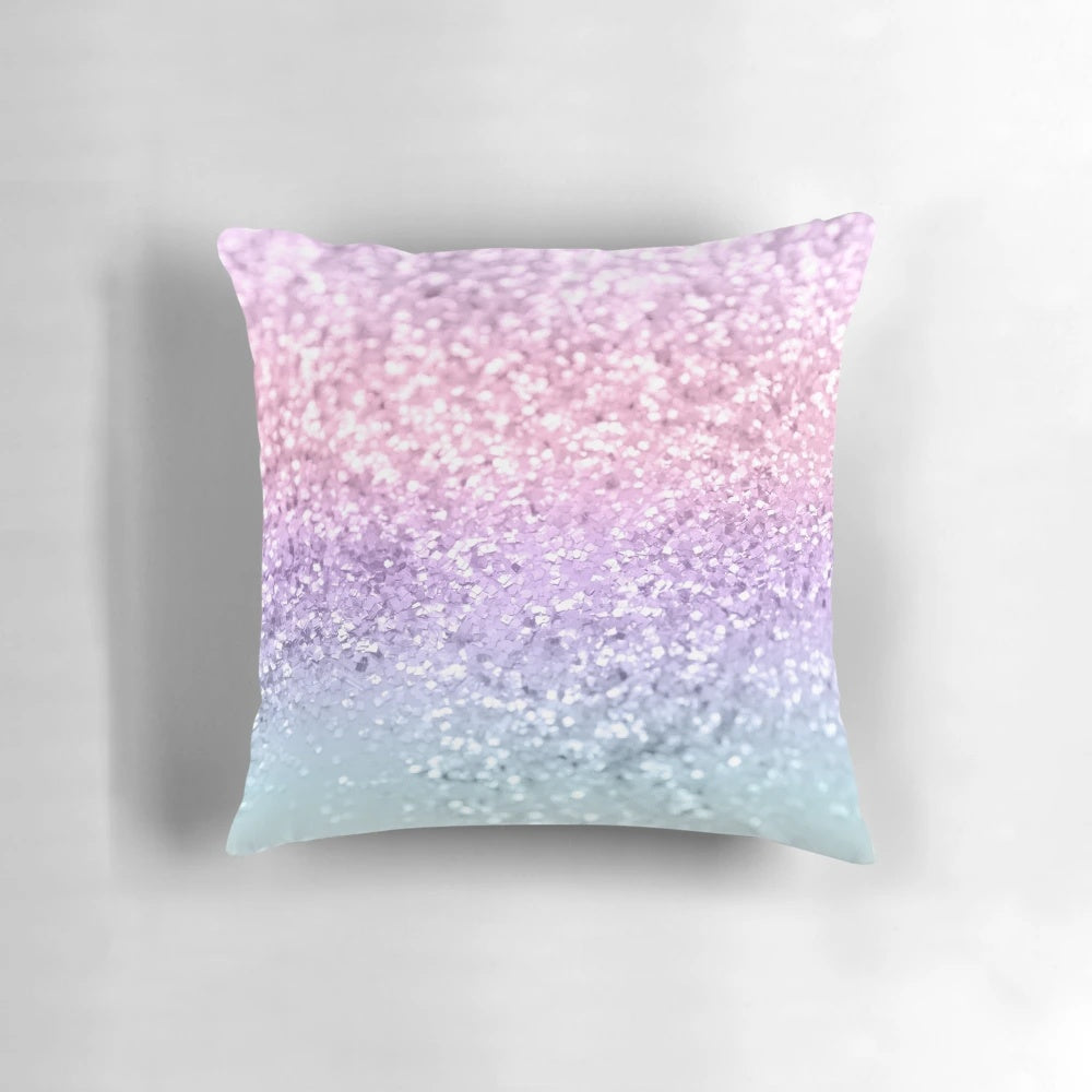 Unicorn girls glam pillow with a glitter ombre design in light pink, light lilac, light blue, and light purple colors.