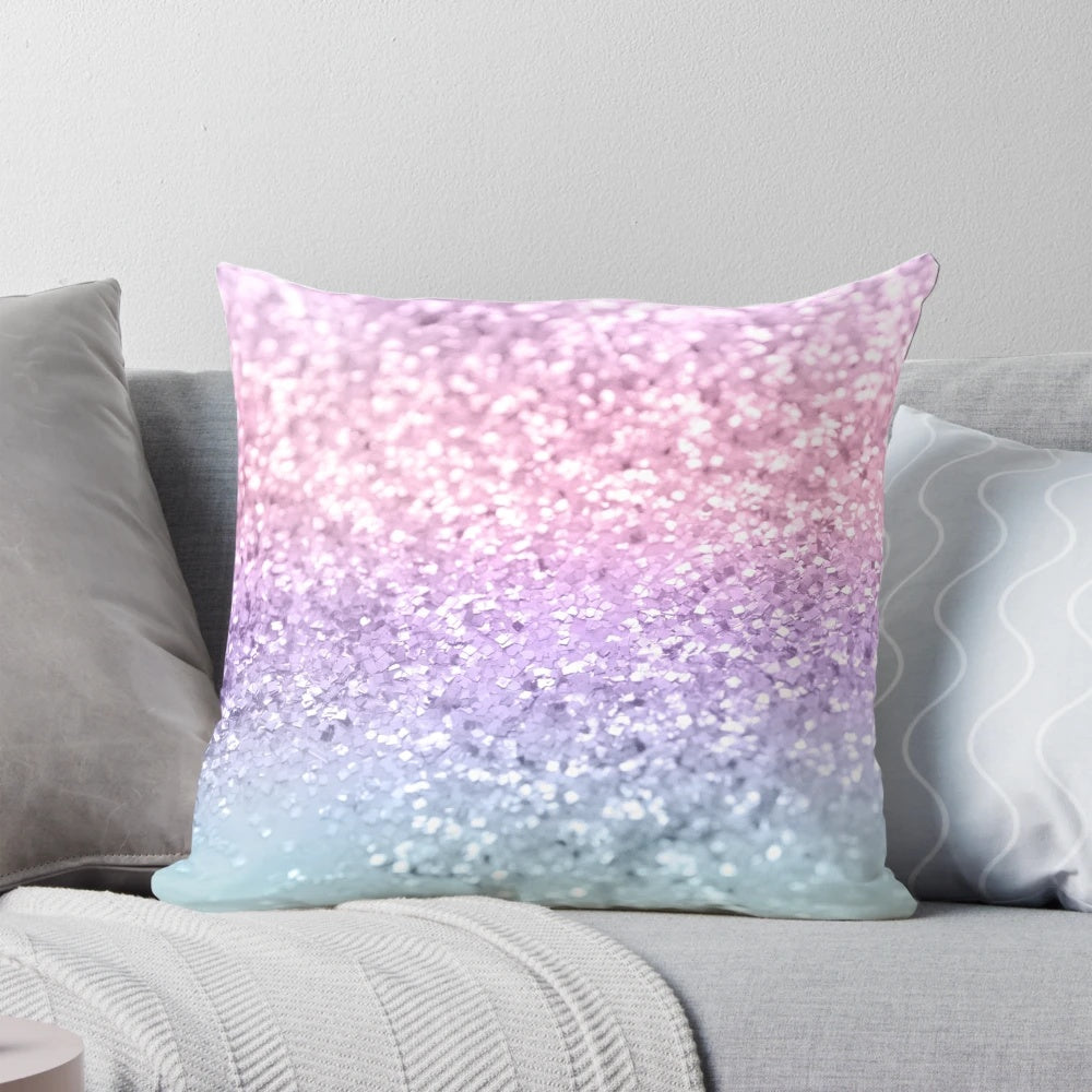 Unicorn girls glam pillow with a glitter ombre design in light pink, light lilac, light blue, and light purple colors.
