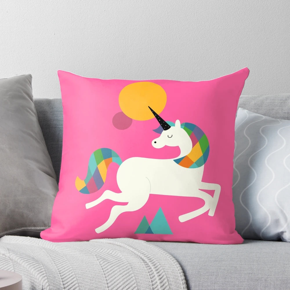 Vibrant rainbow unicorn design on a plush, soft pillow