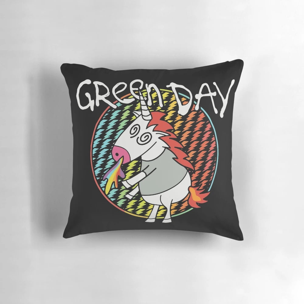 Colorful unicorn and rainbow-themed pillow with punk rock vibes, featuring a focus on Green Day and Billie Joe Armstrong.