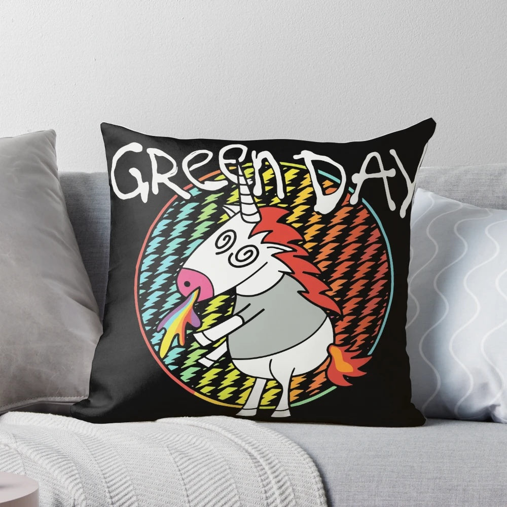 Colorful unicorn and rainbow-themed pillow with punk rock vibes, featuring a focus on Green Day and Billie Joe Armstrong.