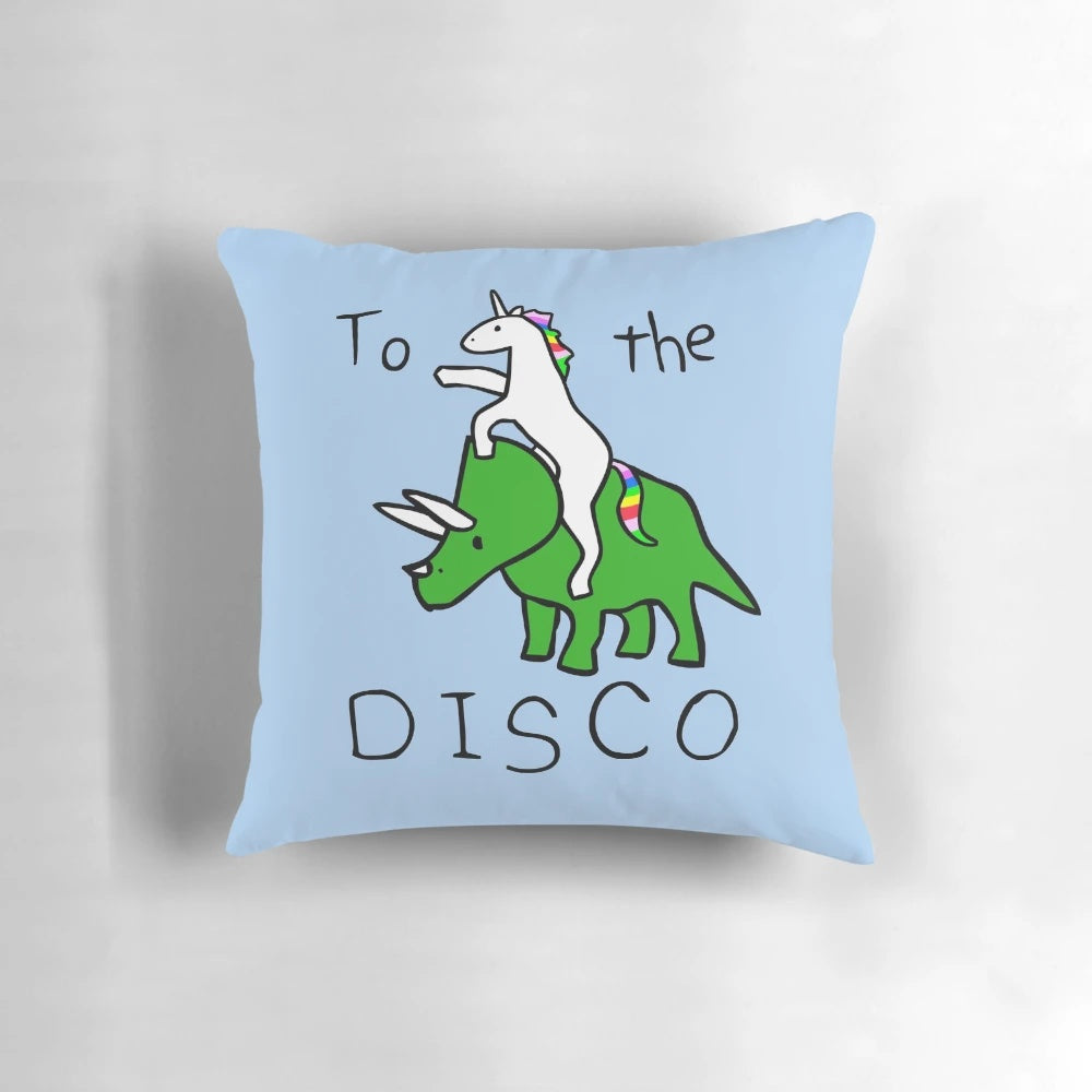 Colorful disco-themed pillow featuring a unicorn riding a triceratops dinosaur