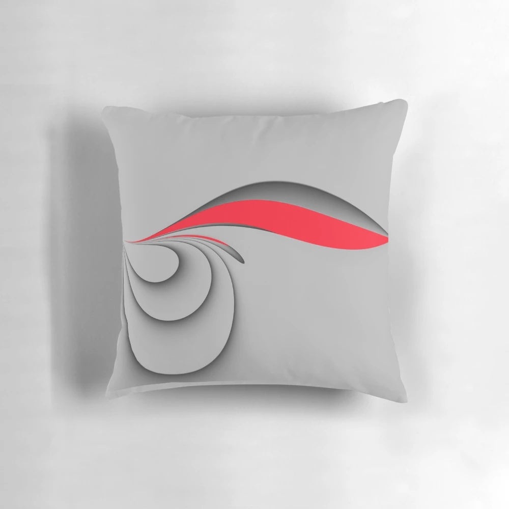 Grey and red abstract swirl pattern decorative pillow
