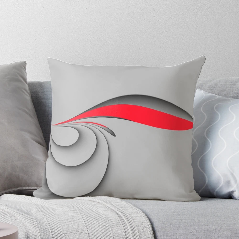 Grey and red abstract swirl pattern decorative pillow